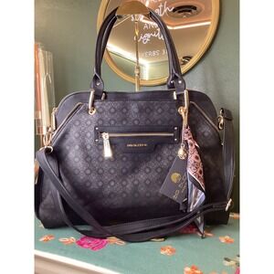 Big Buddha Satchel Handbag Black Monogram Gold Hardware Scarf Charm